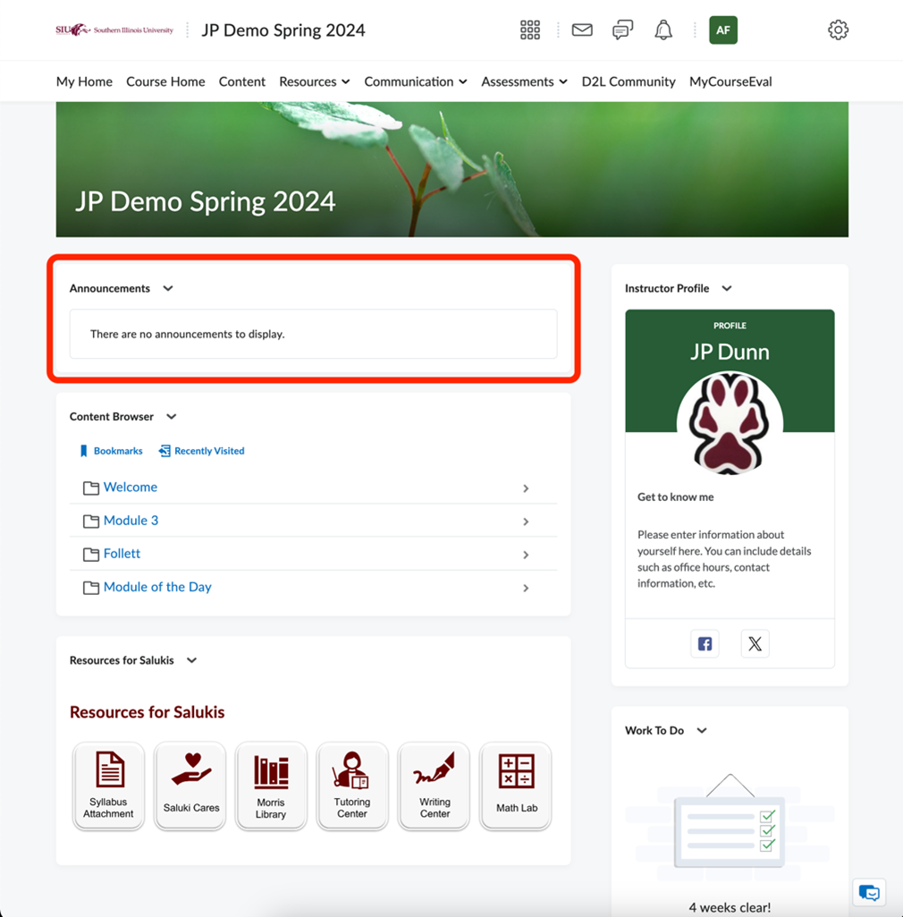 screenshot showing where to find Announcements in D2L