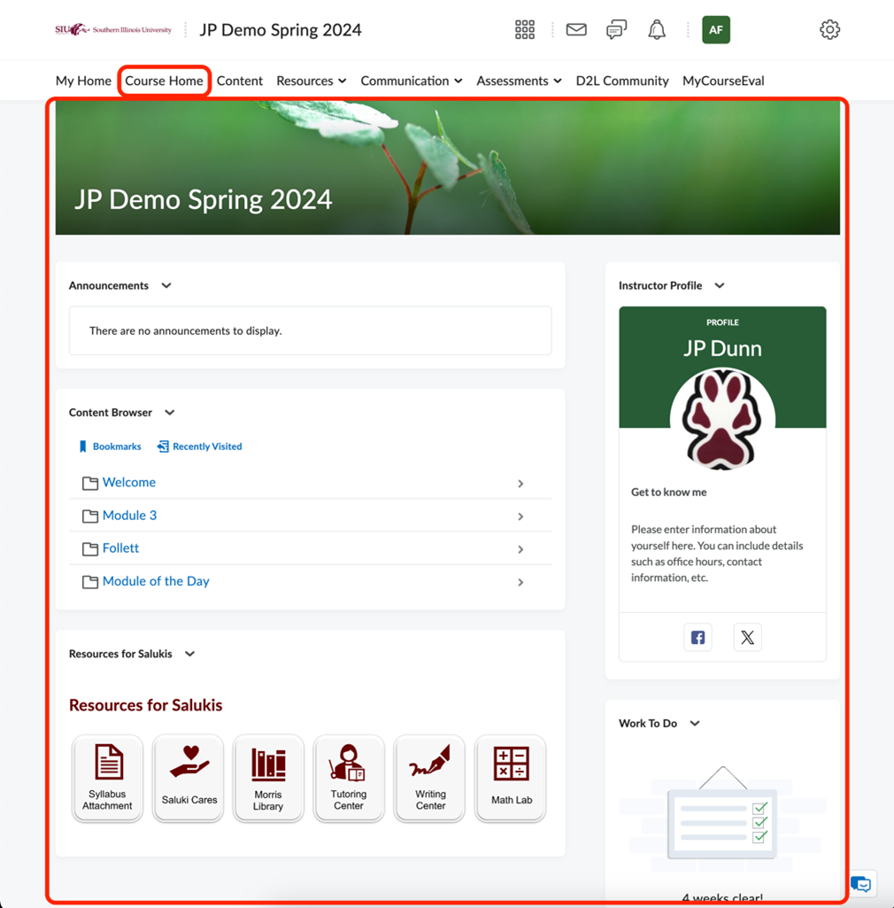 screenshot showing the Course Home page in D2L