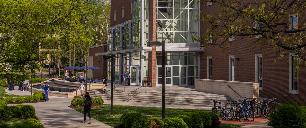 Exterior of Morris Library with Students