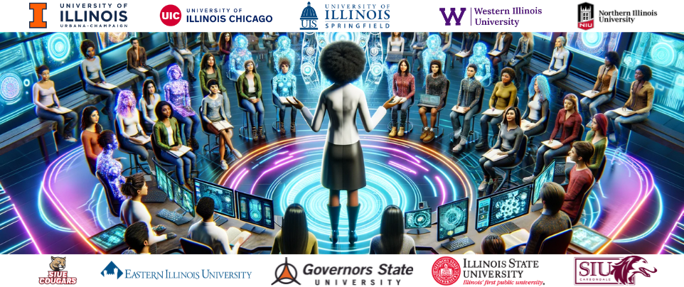 futuristic conference room with people and AI listing participating universities in Illinois