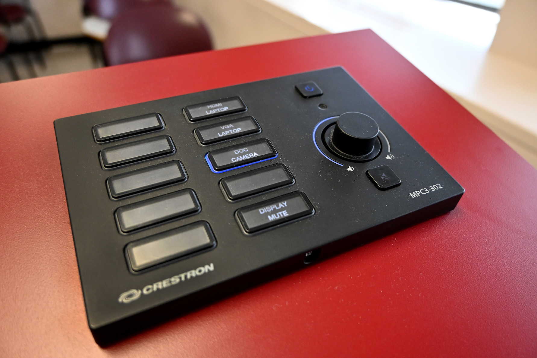 Close up image of the control system on top of a podium within an "Essential Classroom"